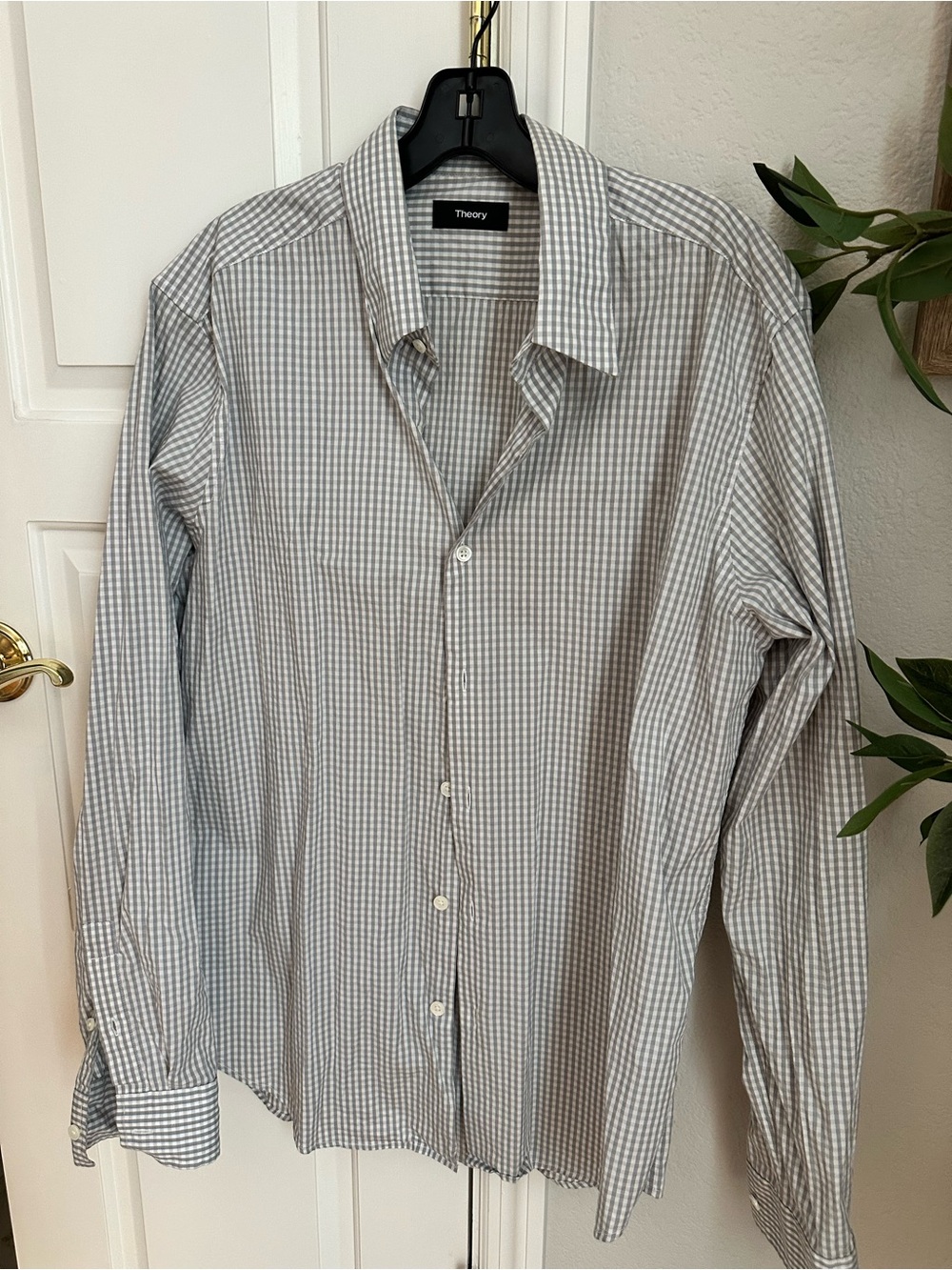 Theory Men's Light Gray Gingham Button-Up Shirt